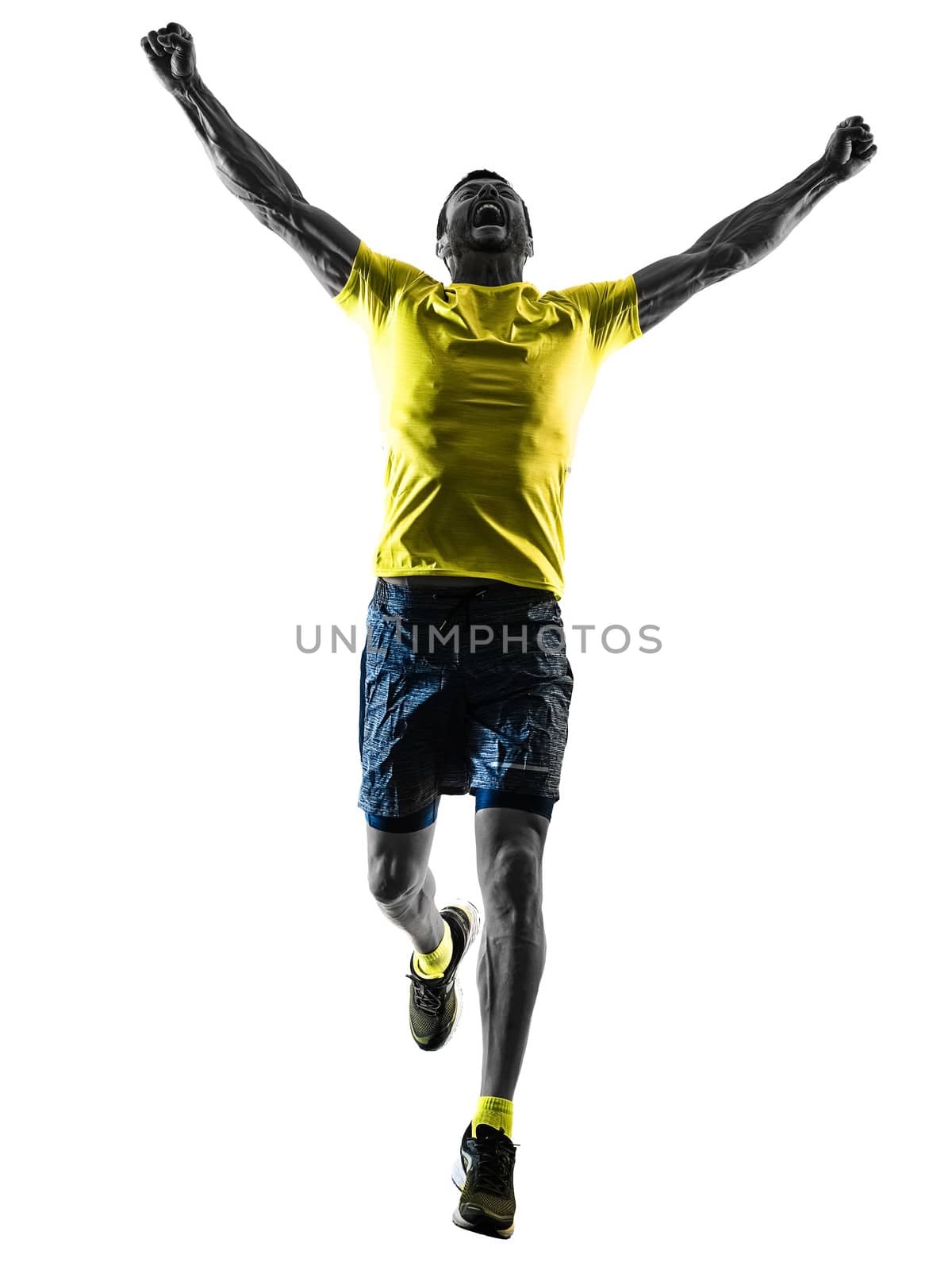 man runner running jogger jogging happy isolated silhouette white background by PIXSTILL