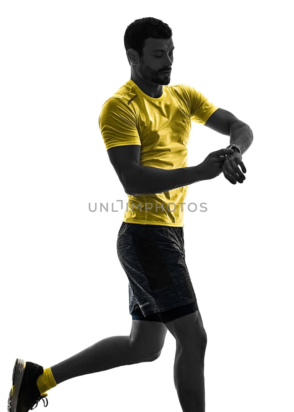 one caucasian man runner running jogging jogger time silhouette isolated on white background
