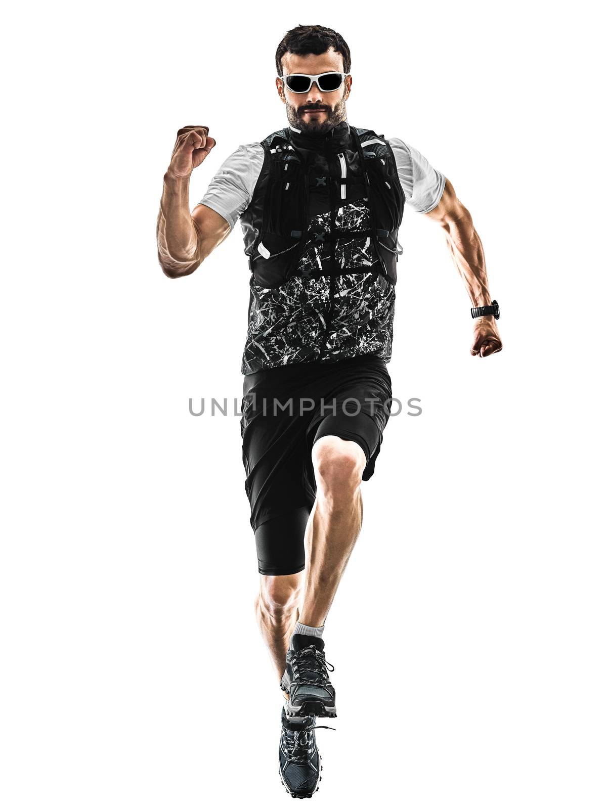 man trail runner running isolated silhouette white background by PIXSTILL