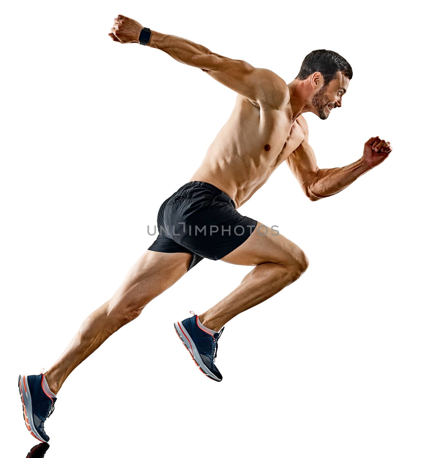 one caucasian man runner jogger running jogging isolated on white background with shadows