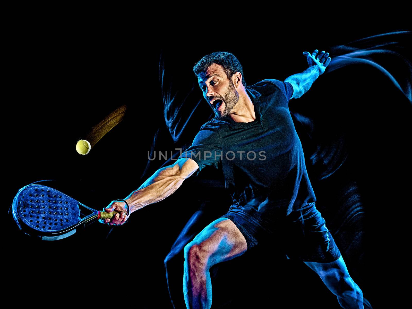 Paddle tennis player man light painting isolated black background by PIXSTILL