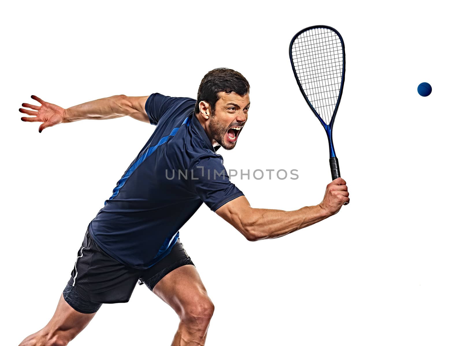 one caucasian mature man practicing squash player in studio isolated on white background