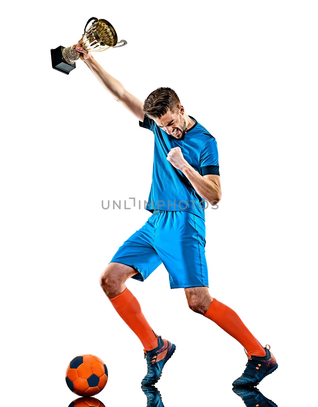 one caucasian youg soccer player man standing in studio isolated on white background