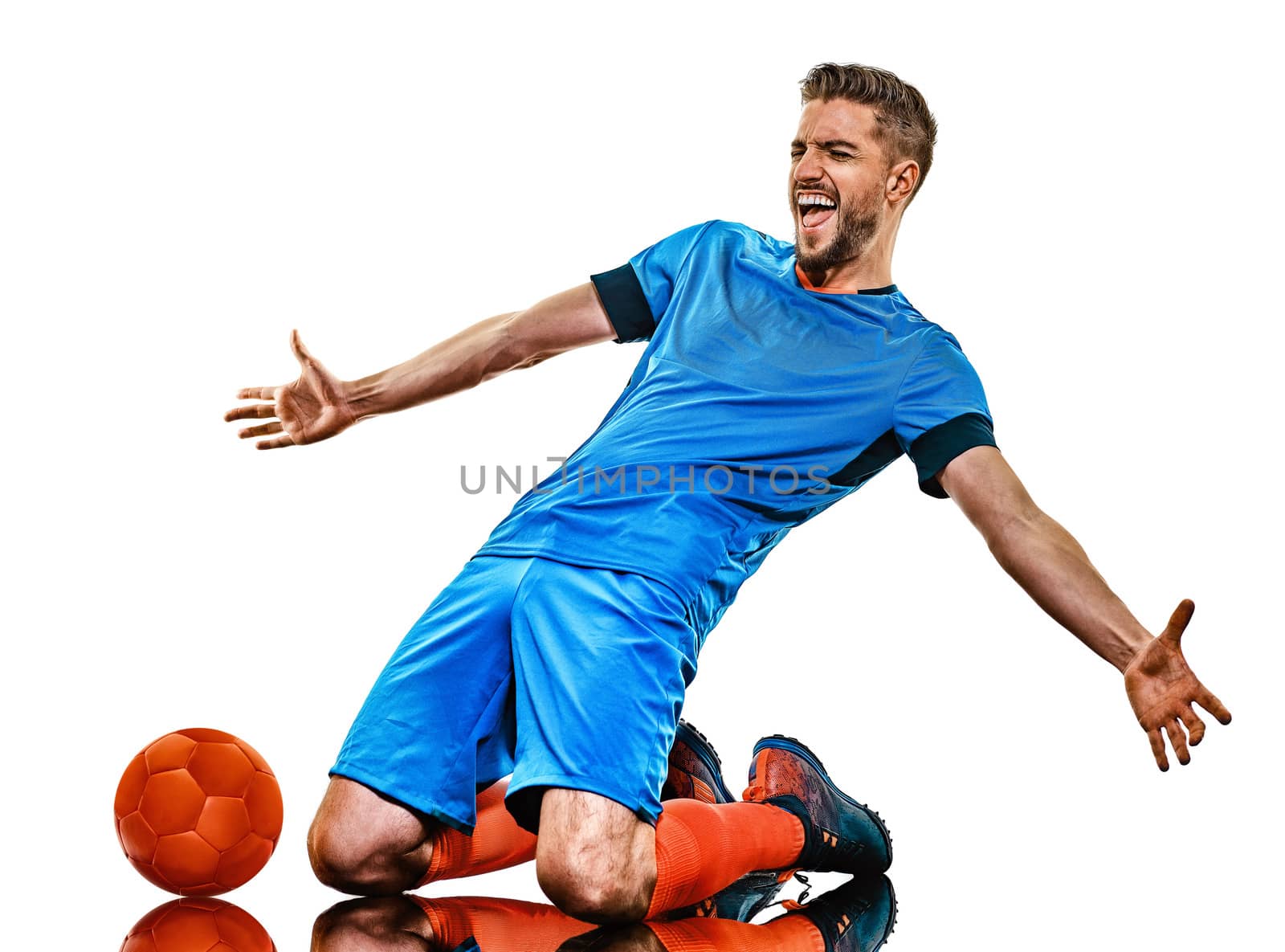 one caucasian youg soccer player man standing in studio isolated on white background