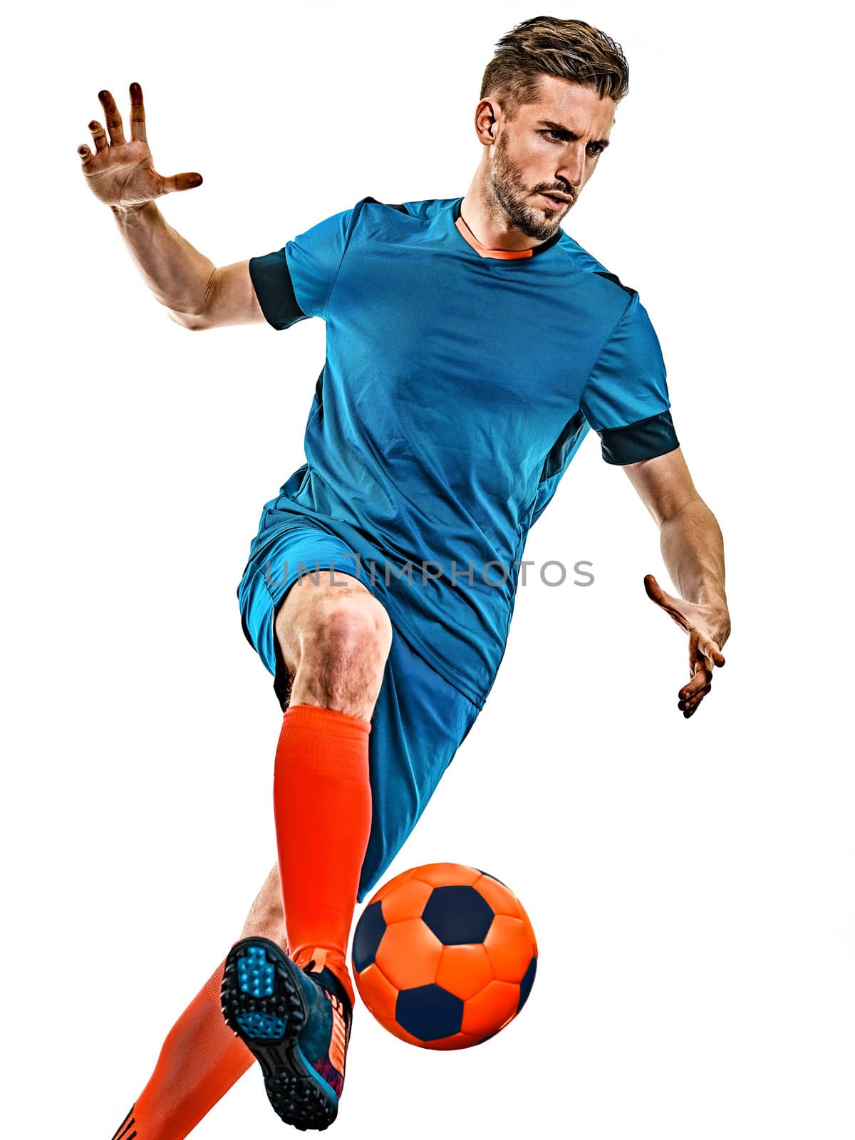 one caucasian youg soccer player man standing in studio isolated on white background