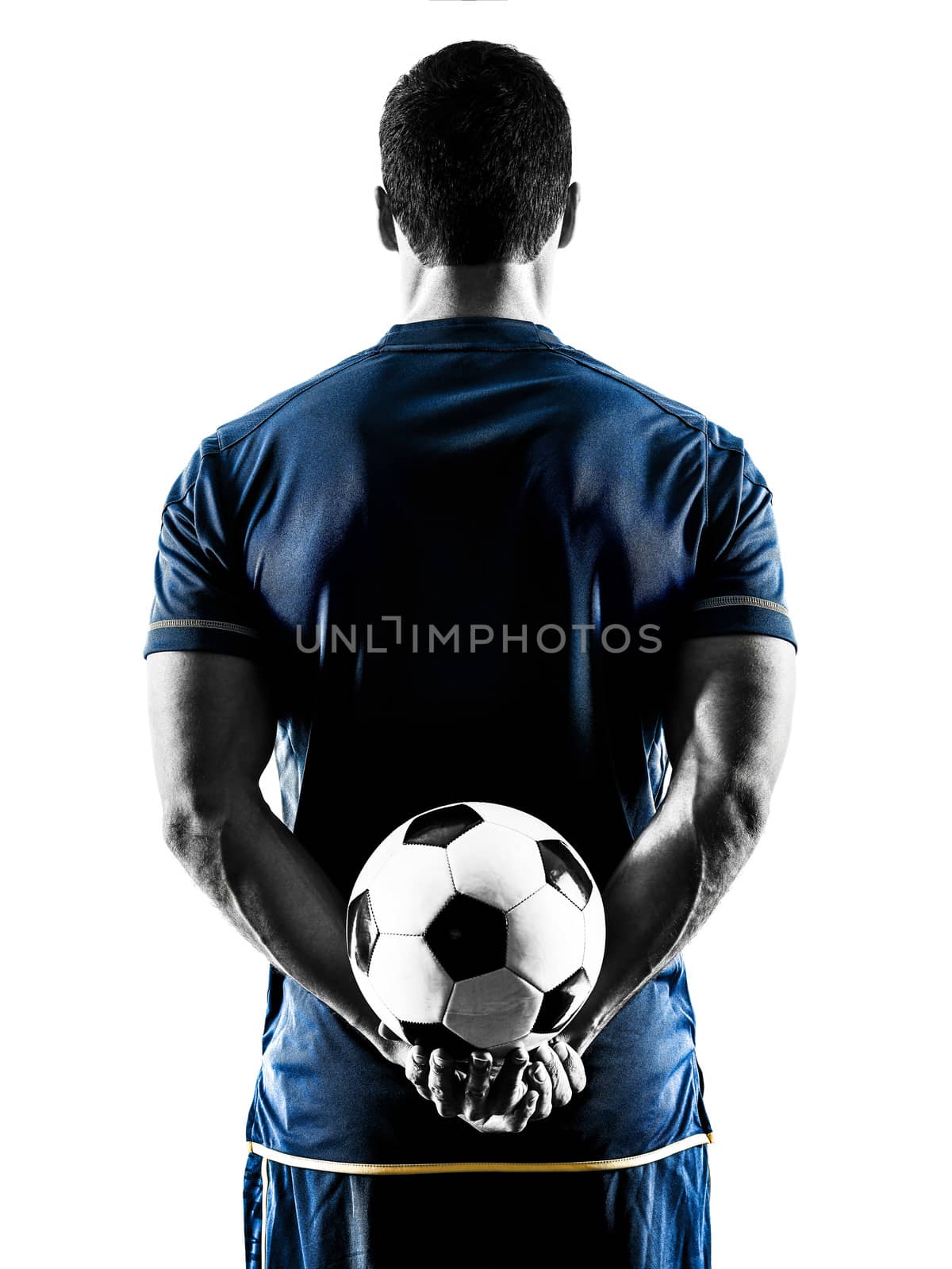 one caucasian soccer player man standing Rear View in silhouette isolated on white background