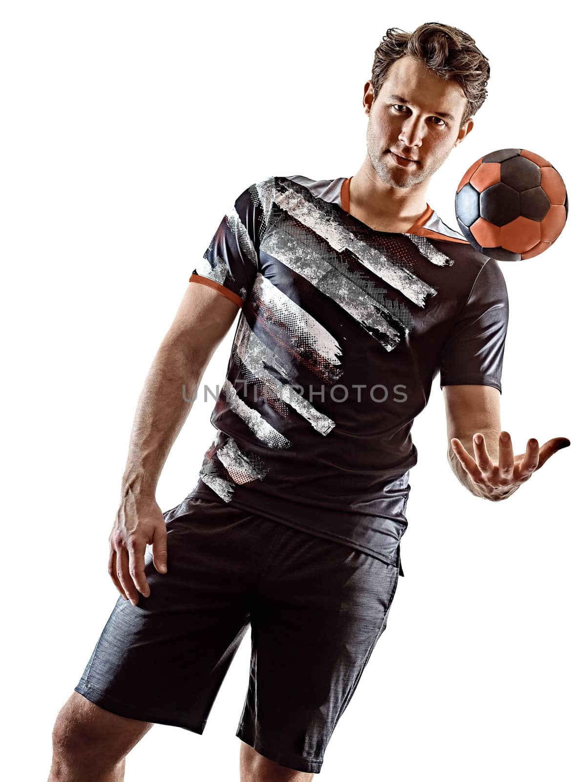 one young caucasian court handball player man in studio silhouette shadow isolated on white background