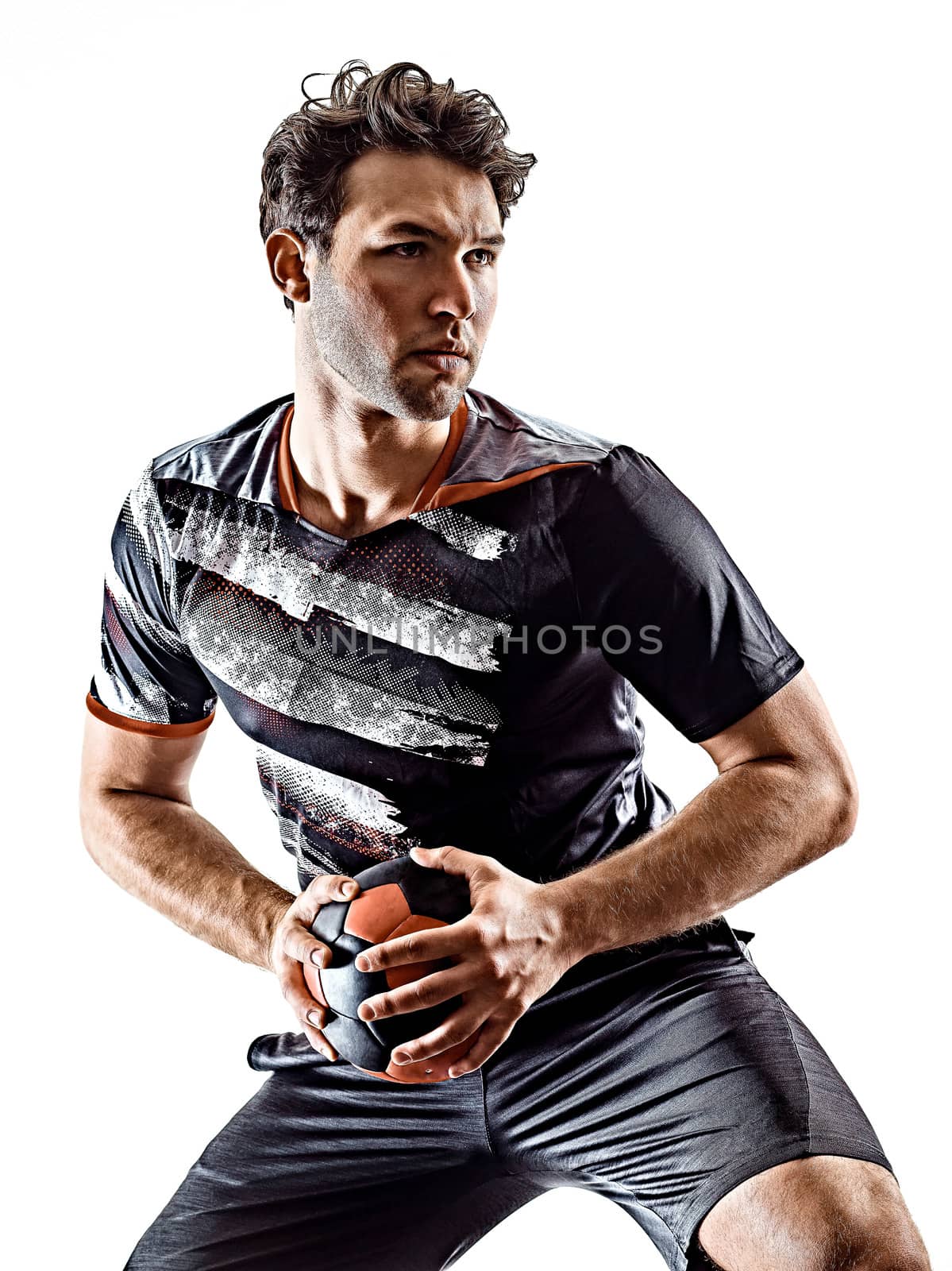 one young caucasian court handball player man in studio silhouette shadow isolated on white background