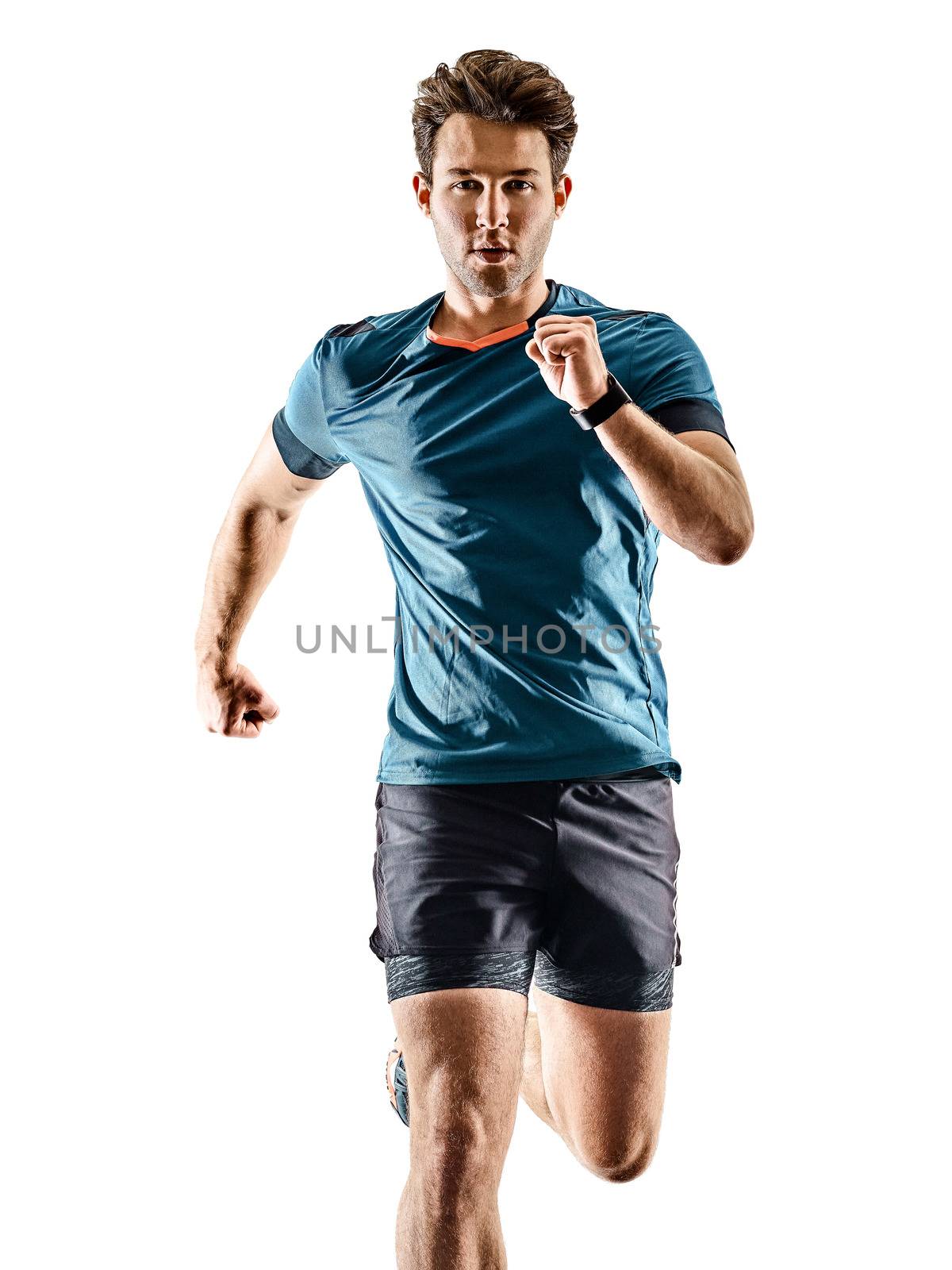 one caucasian runner running jogger jogger young man in studio isolated on white background