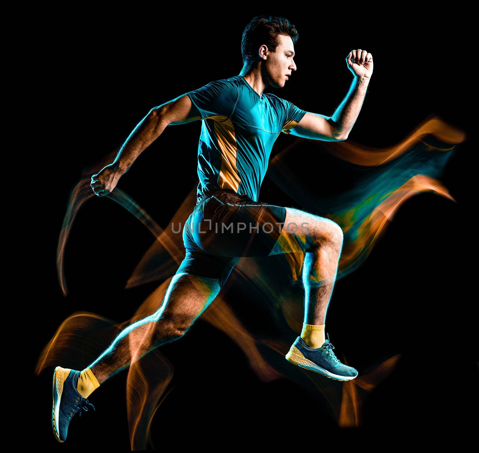 one caucasian runner running jogger jogging man light painting speed effect isolated on black background