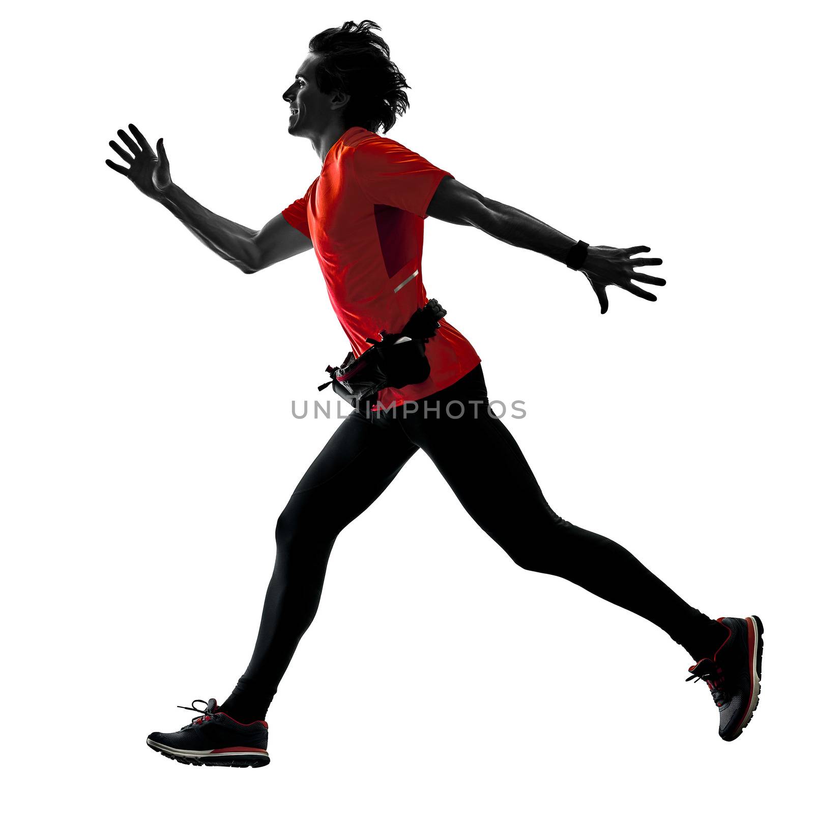 one caucasian man pratcticing runner running jogger jogging in studio silhouette isolated on white background