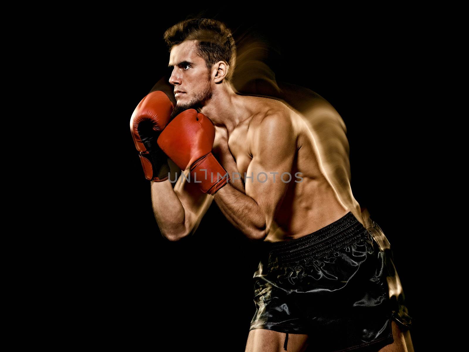 caucasian young boxer boxing man profile isolated black background by PIXSTILL