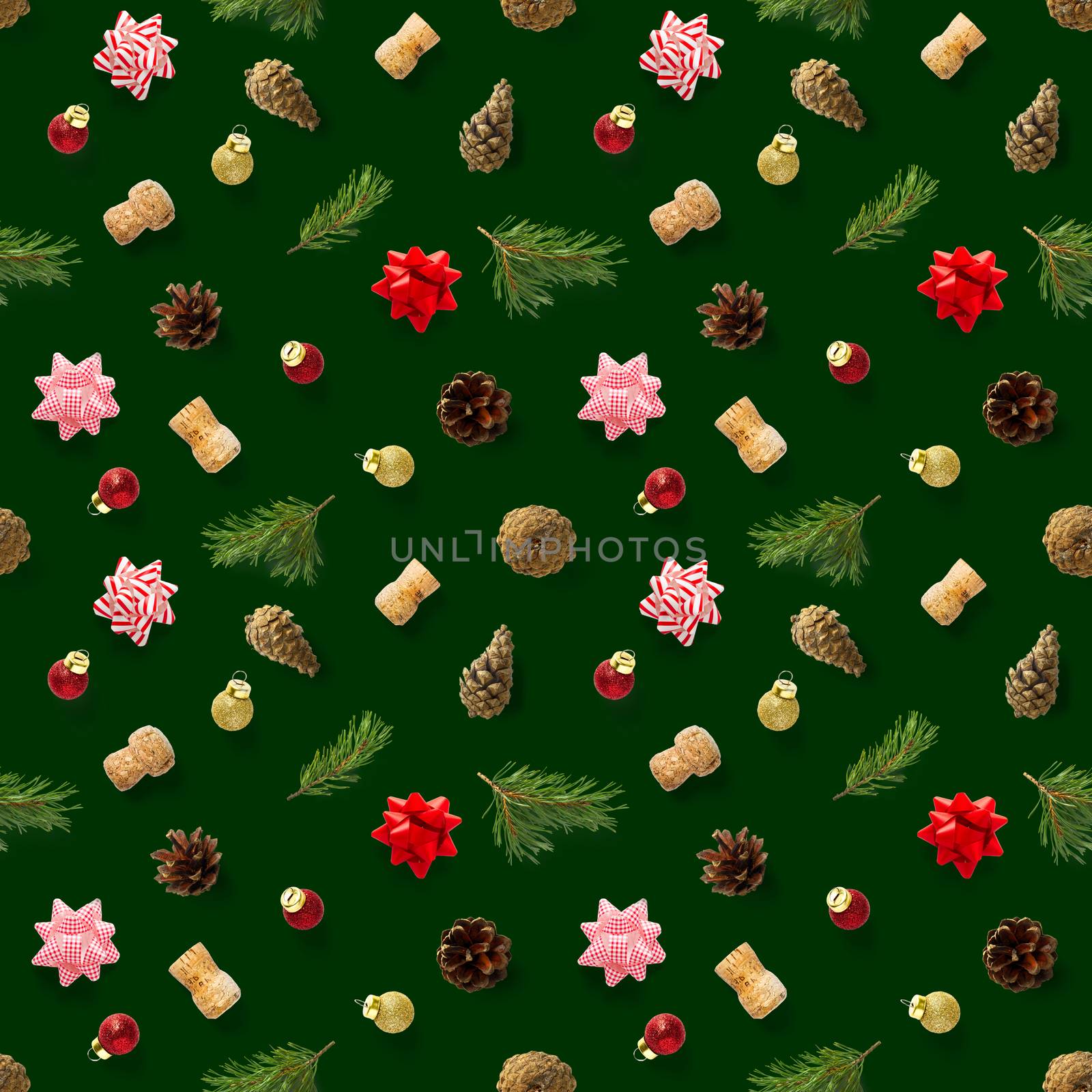 Seamless regular creative Christmas pattern with New Year decorations on green background. xmas Modern Seamless pattern made from christmas decorations. Photo quality pattern for fabric, prints, wallpapers, banners or creative design works.