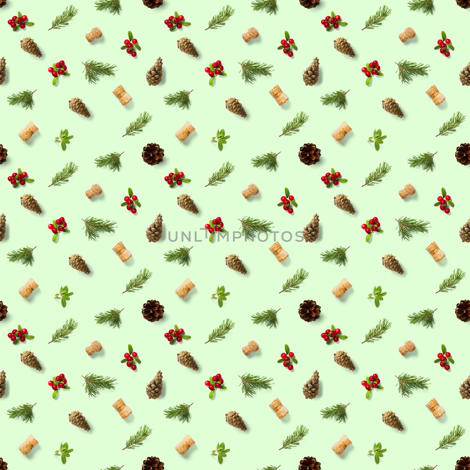 christmas seamless patterns with Pine cones wine cork and lingonberry. pattern christmas seamless on a green backdrop. Realistic photo collage. Print for paper, fabric, wallpaper.