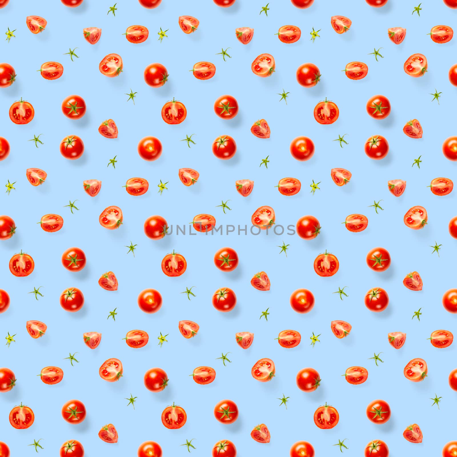 Seamless pattern with red ripe tomatoes. Tomato isolated on blue background. Vegetable abstract seamless pattern. Organic Tomatoes flat lay.