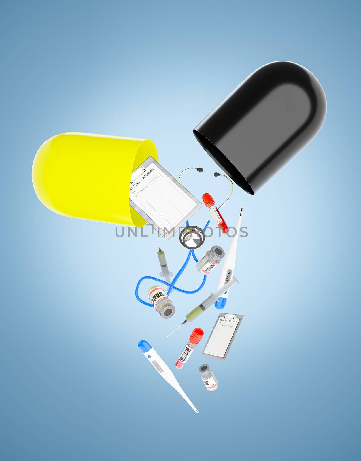 Medical devices fell down of the large black and yellow antibiotic capsules on a blue background. The concept of maintaining good health by taking prescription drugs. 3D rendering illustration.