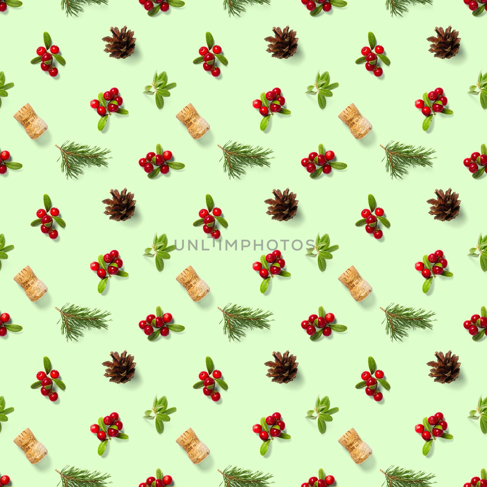 christmas seamless patterns with Pine cones wine cork and lingonberry. pattern christmas seamless on a green backdrop. Realistic photo collage. Print for paper, fabric, wallpaper.