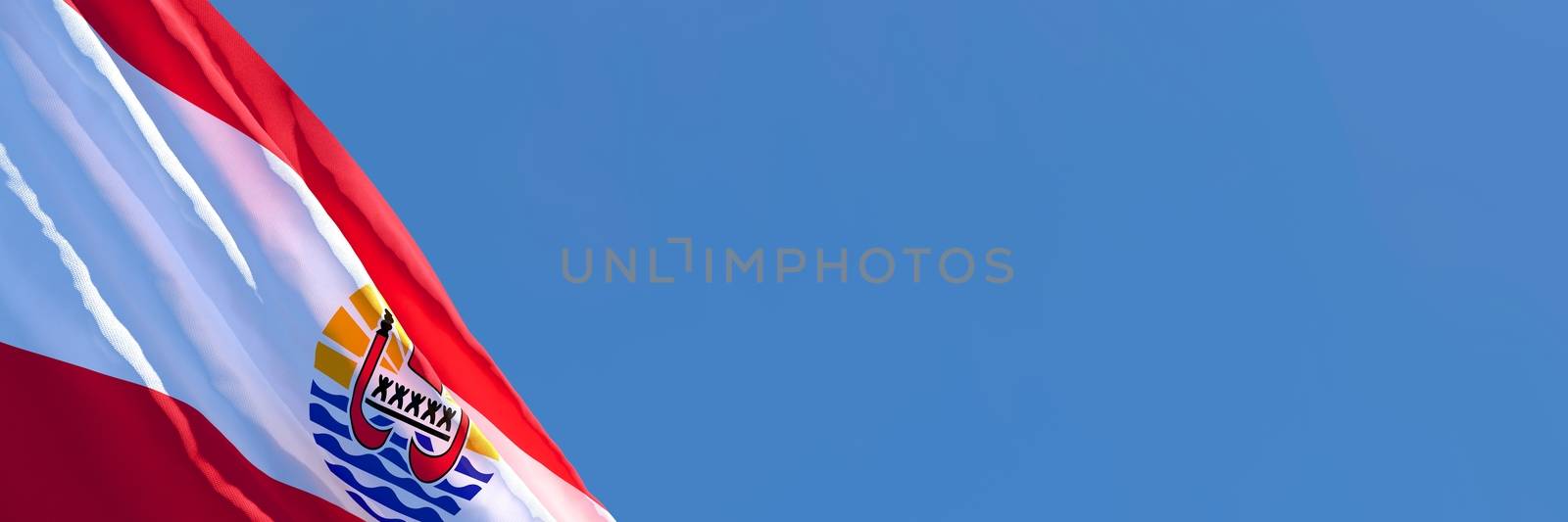 3D rendering of the national flag of French Polynesia waving in the wind against a blue sky