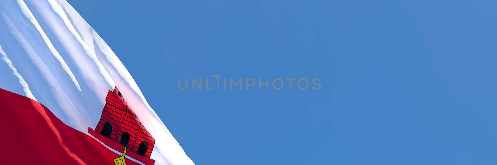 3D rendering of the national flag of Gibraltar waving in the wind against a blue sky