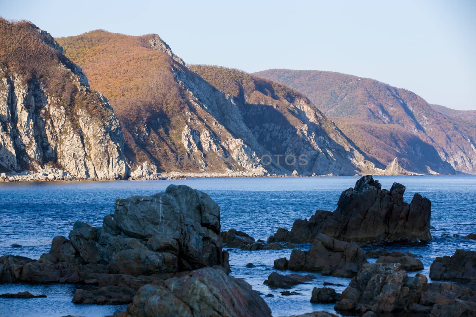 Picturesque rocks of the North Cape. Marine area of the Sikhote-Alin Biosphere Reserve in the Primorsky Territory.