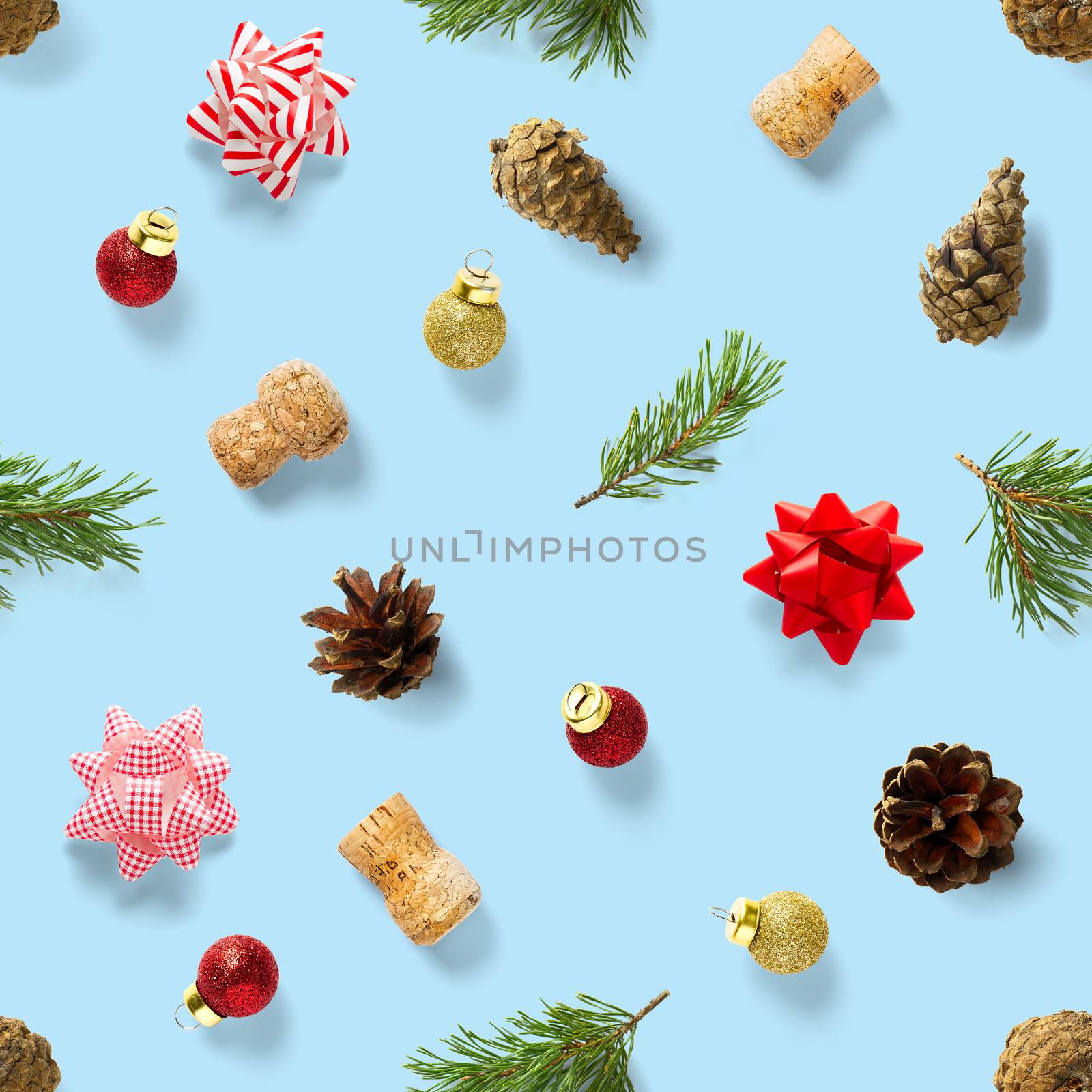 Seamless regular creative Christmas pattern with New Year decorations on blue background. xmas Modern Seamless pattern made from christmas decorations. Photo quality pattern for fabric, prints, wallpapers, banners or creative design works.
