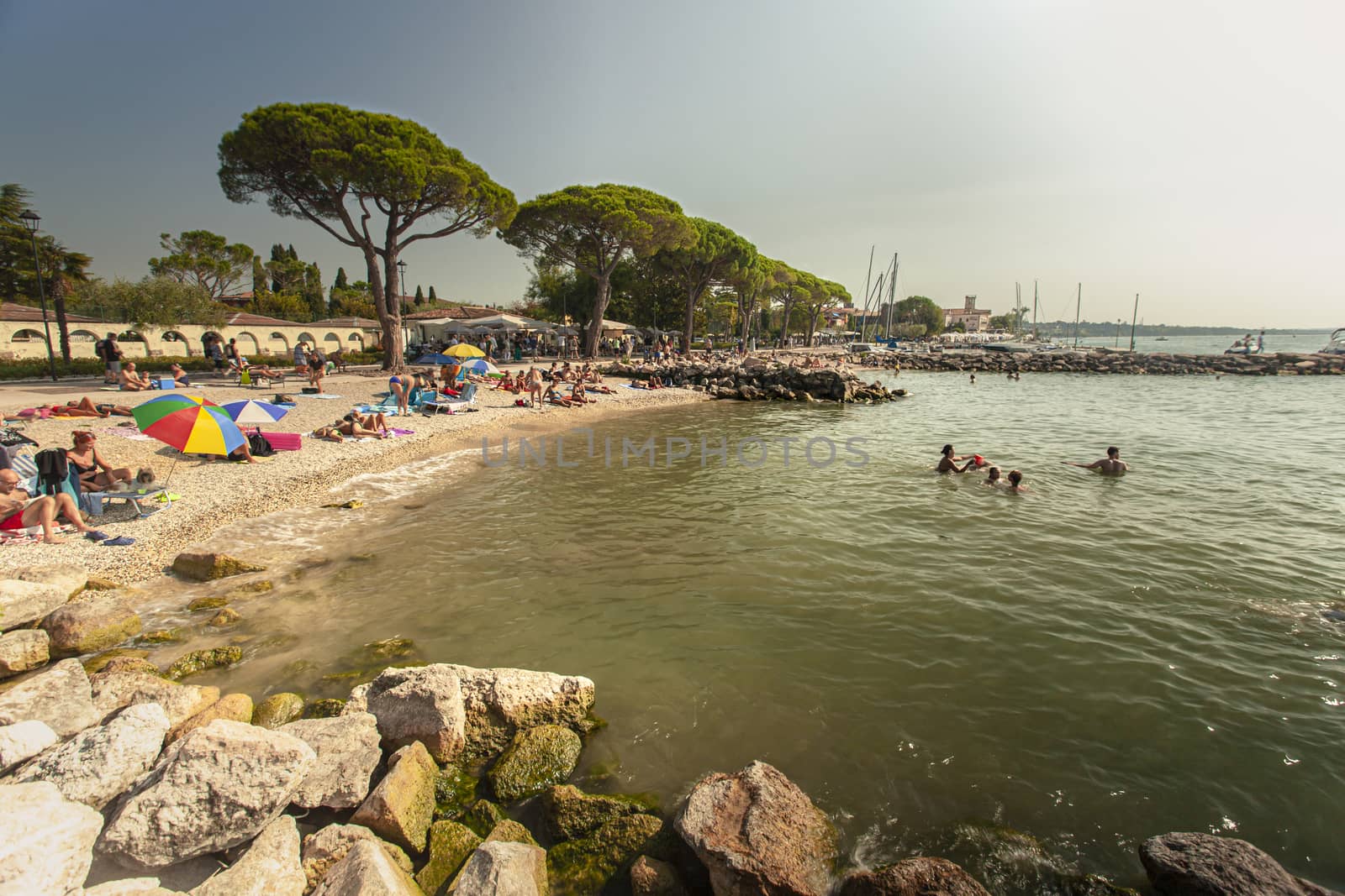 LAZISE, ITALY 16 SEPTEMBER 2020: Detail of Beach in Lazise on Garda Lake