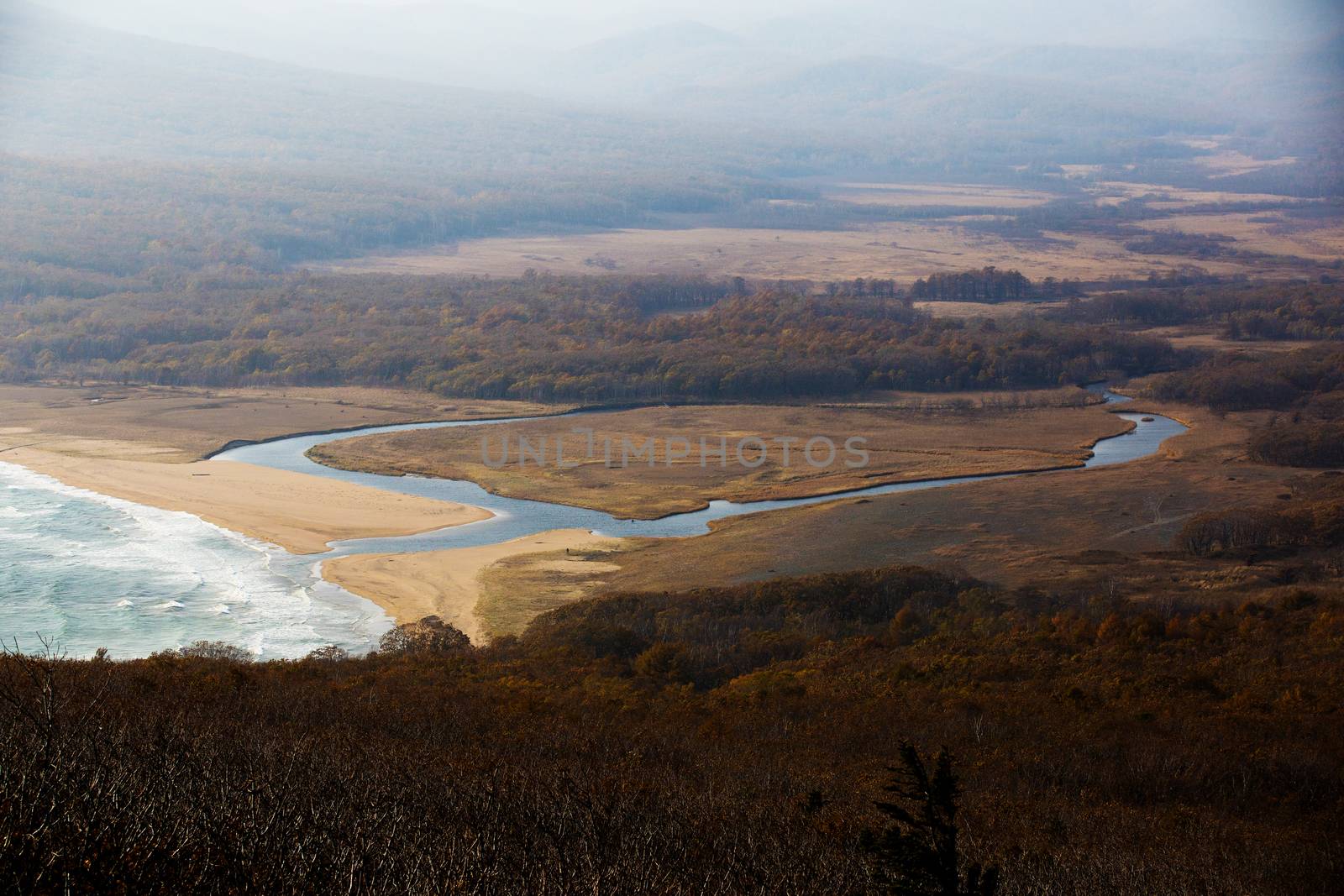 Sikhote-Alin Biosphere Reserve in the Primorsky Territory. Panoramic view of the sandy beach of the Goluchnaya bay and the lake