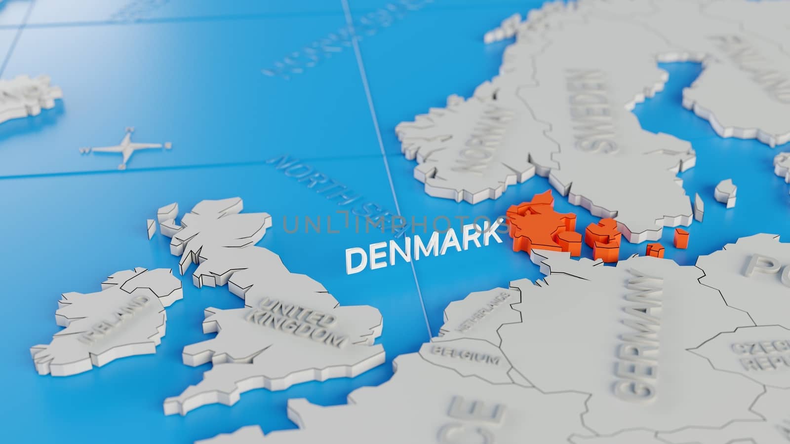 Denmark highlighted on a white simplified 3D world map. Digital  by hernan_hyper