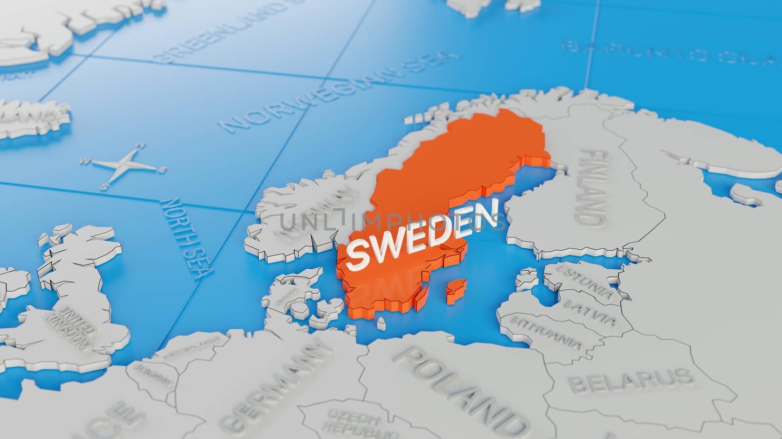 Sweden highlighted on a white simplified 3D world map. Digital 3 by hernan_hyper