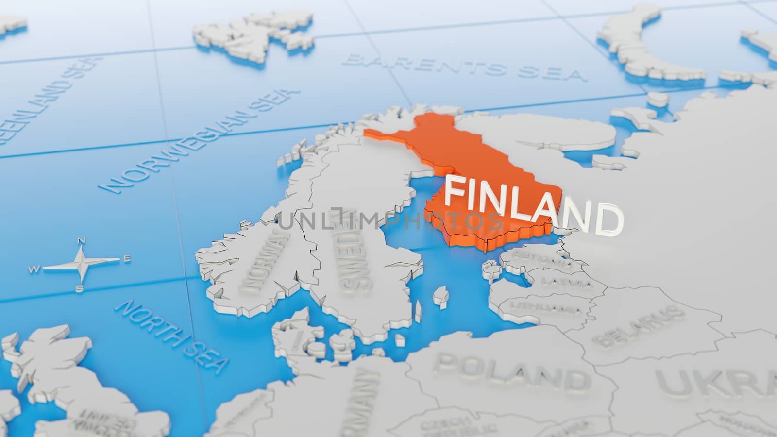 Finland highlighted on a white simplified 3D world map. Digital  by hernan_hyper