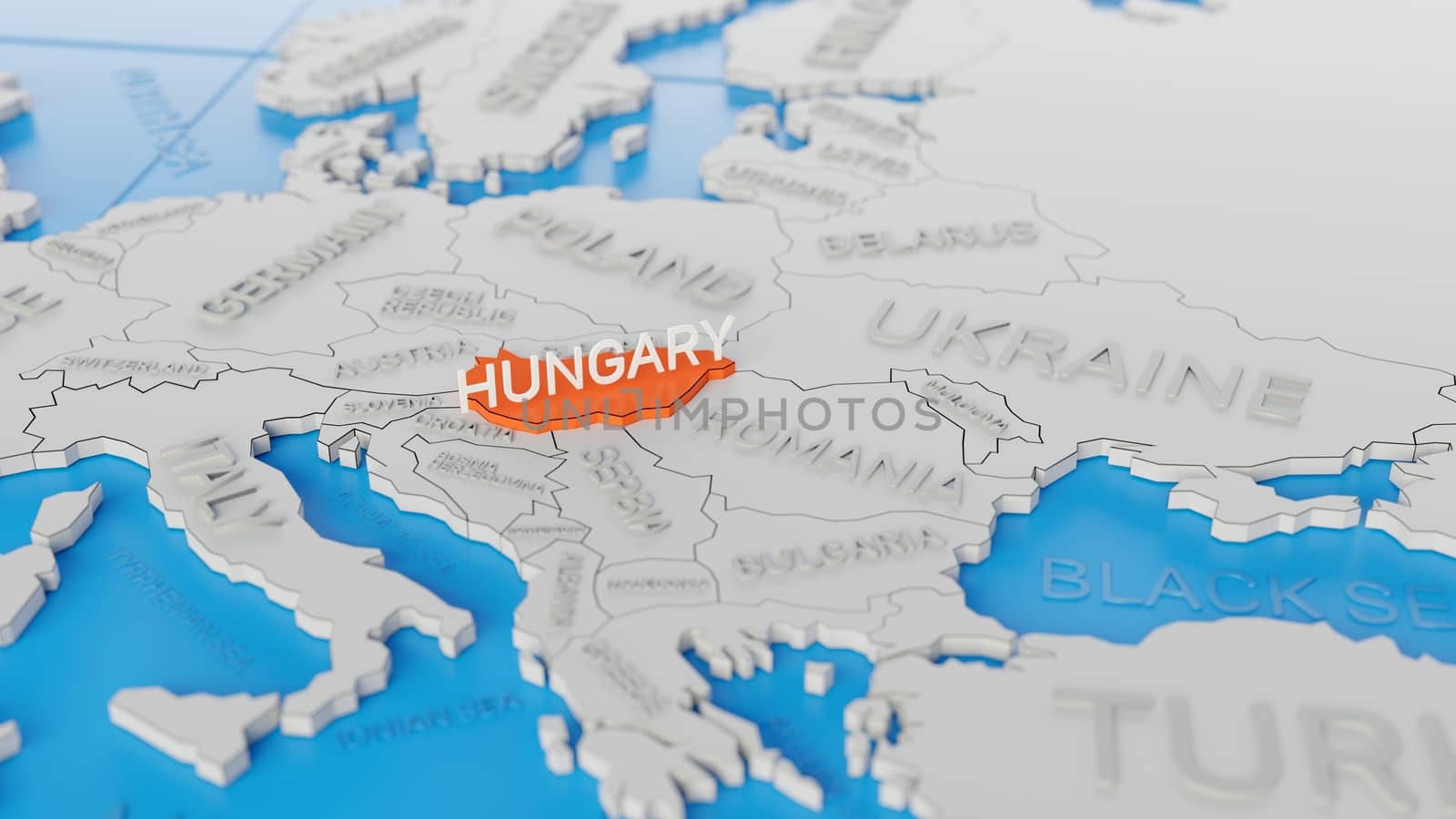 Hungary highlighted on a white simplified 3D world map. Digital 3D render.