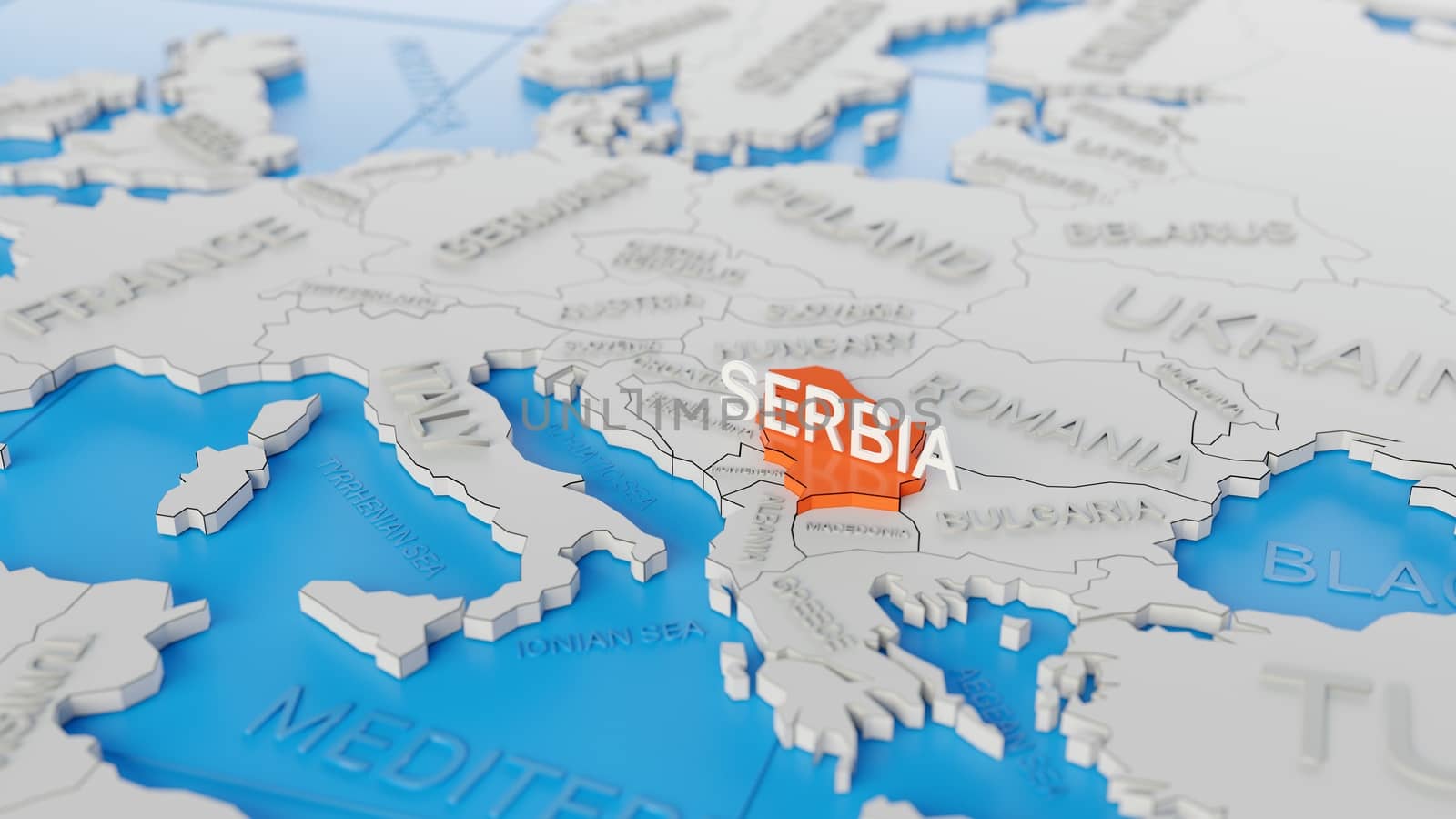 Serbia highlighted on a white simplified 3D world map. Digital 3D render.