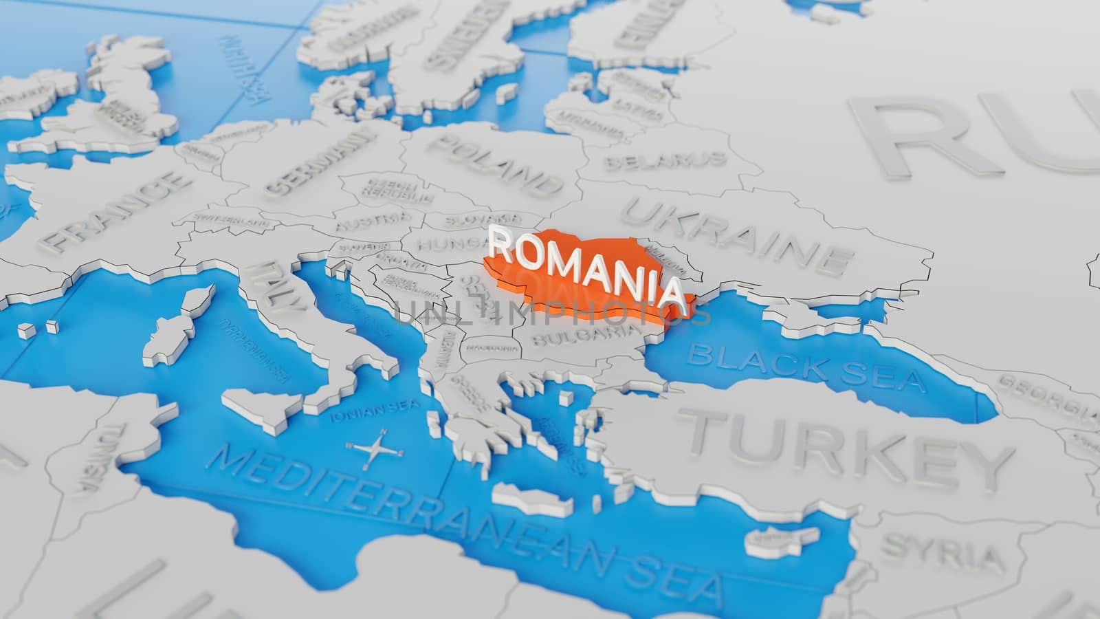 Romania highlighted on a white simplified 3D world map. Digital  by hernan_hyper