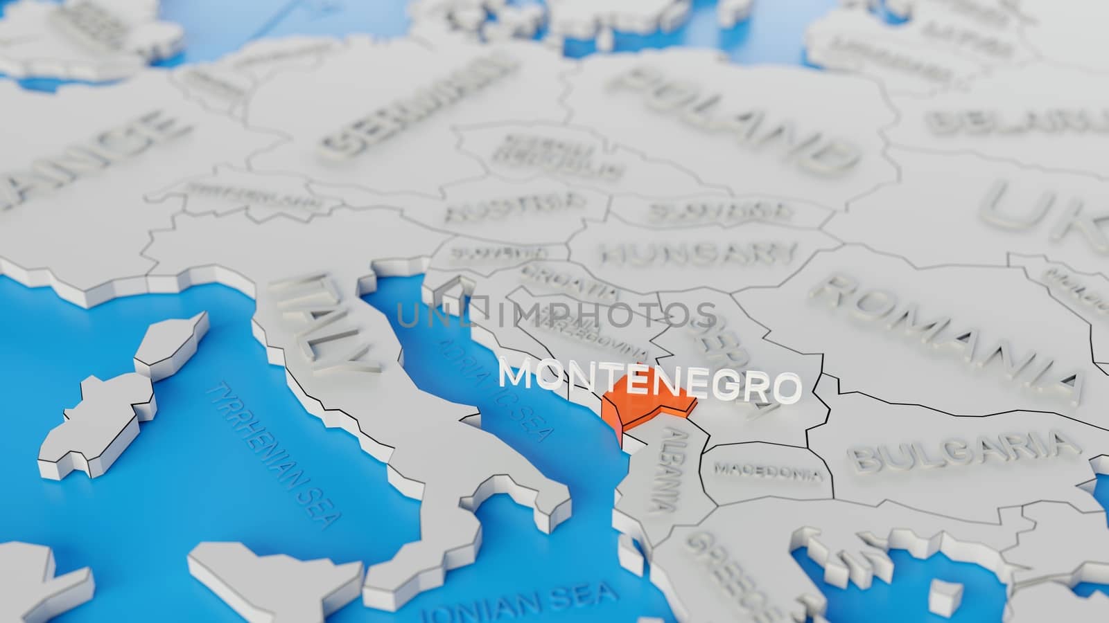 Montenegro highlighted on a white simplified 3D world map. Digital 3D render.