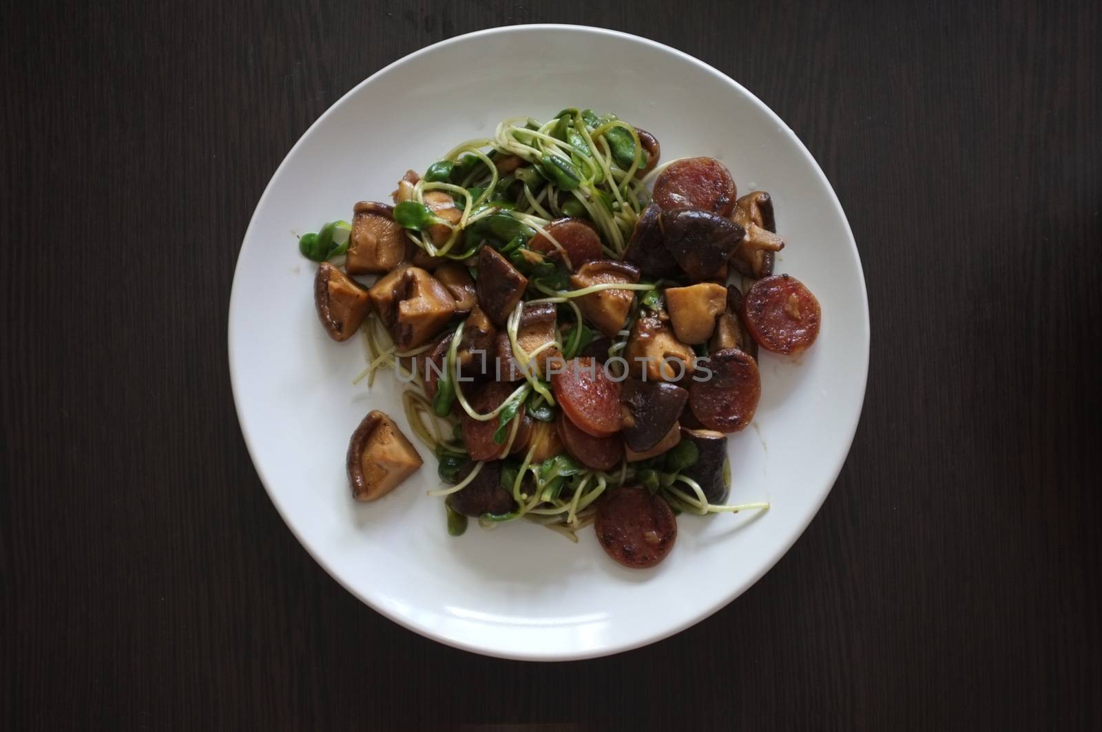 Fried Sunflower Sprout and chinese sausage with Oyster Sauce - healthy food style