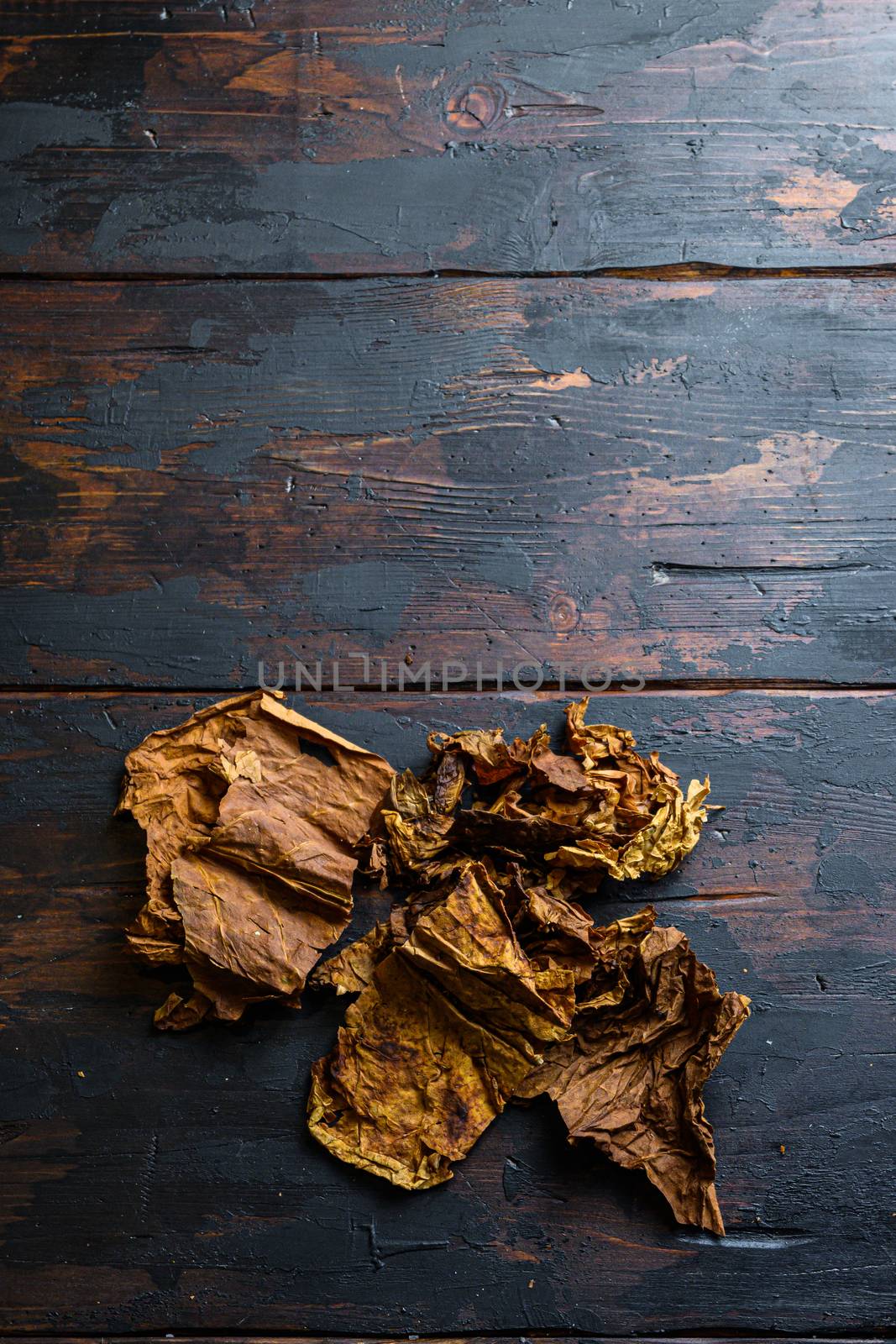 dry leafs tobacco Nicotiana tabacum and tobacco leaves on old wood planks table dark top view space for text.