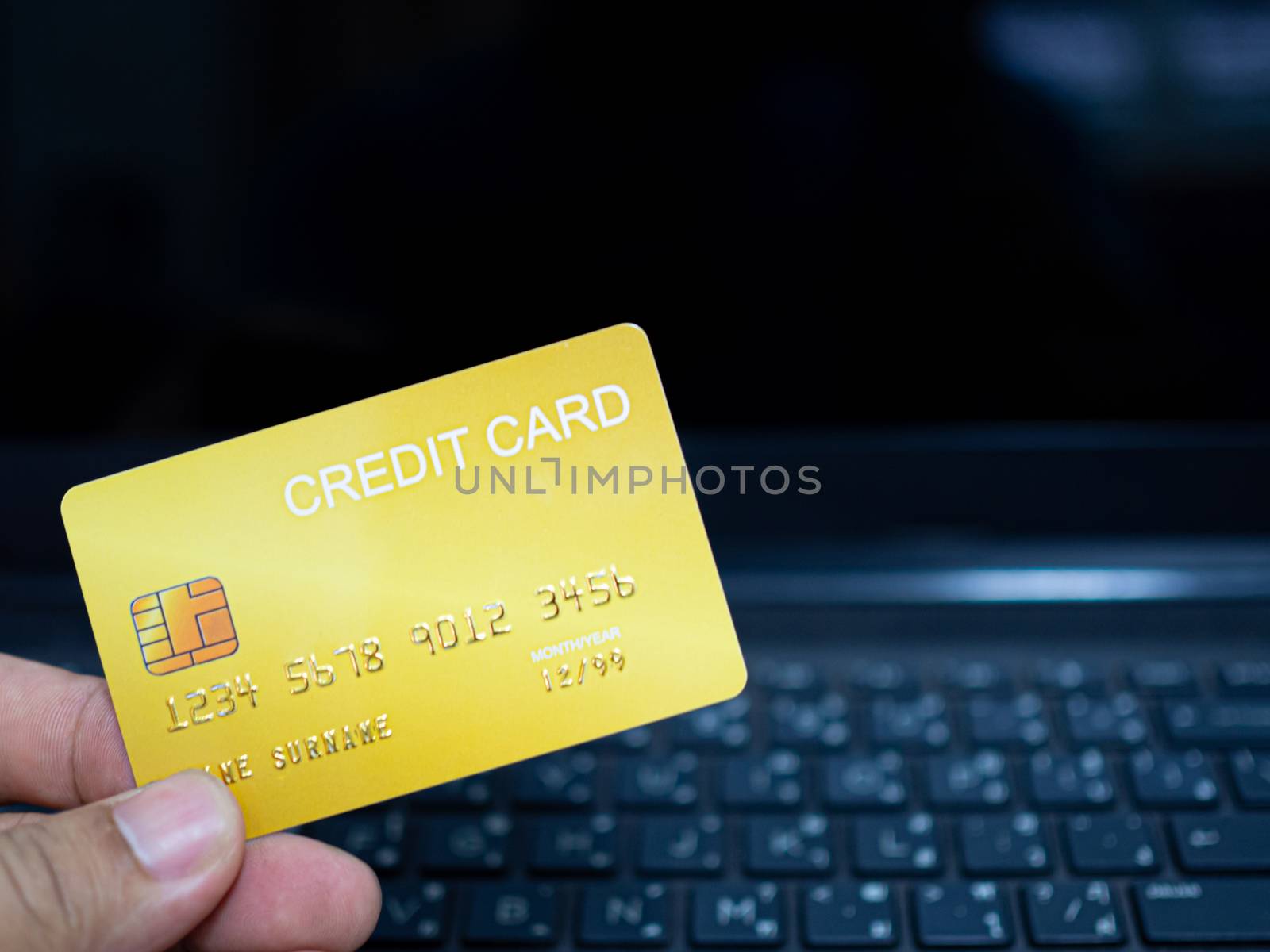 Online shopping concept. Close-up human hands holding a credit card on notebook background. by Unimages2527