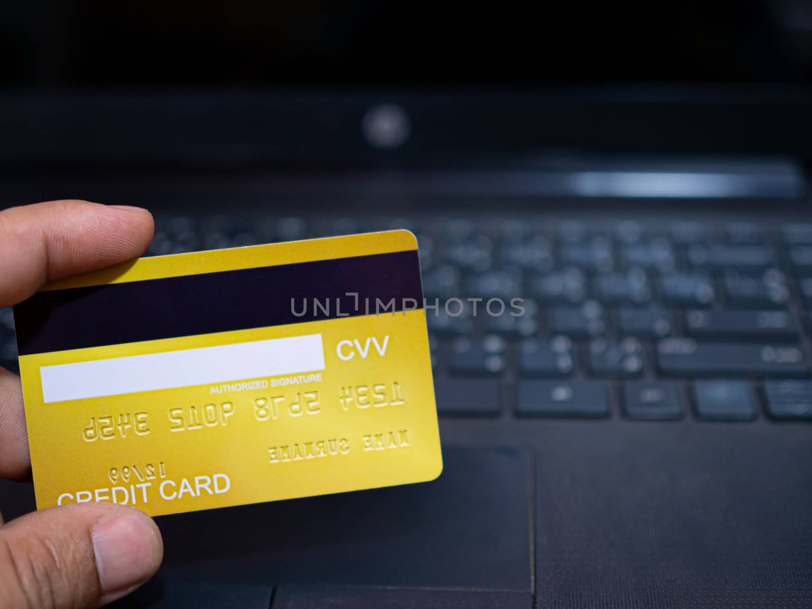 Online shopping concept. Close-up human hands holding a credit card on notebook background. by Unimages2527
