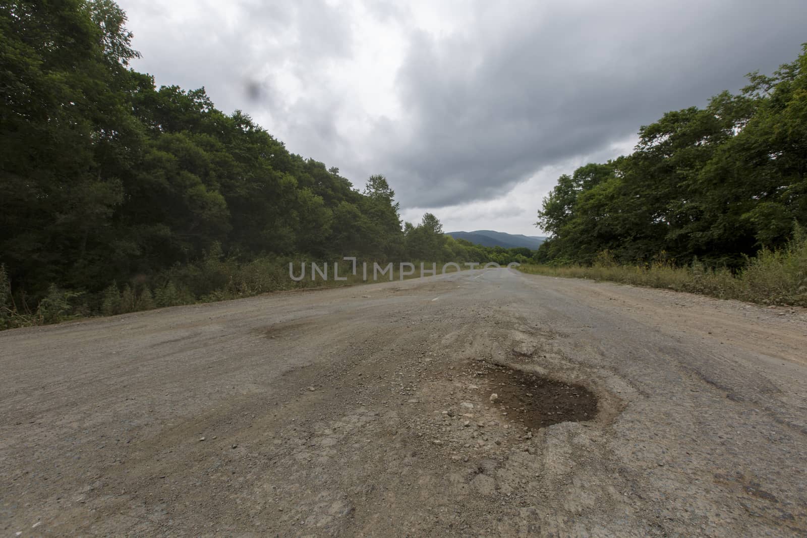 Very bad road in Russia. The asphalt road is all in holes in the middle of the forest