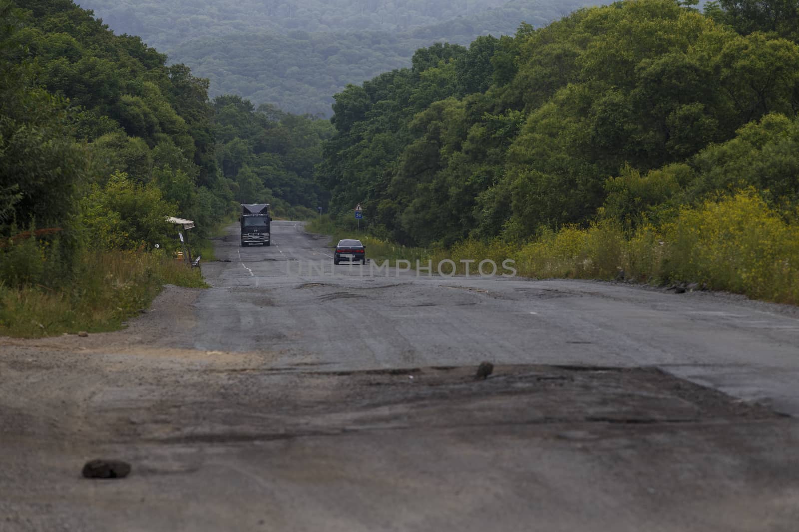 Very bad road in Russia. The asphalt road is all in holes in the middle of the forest