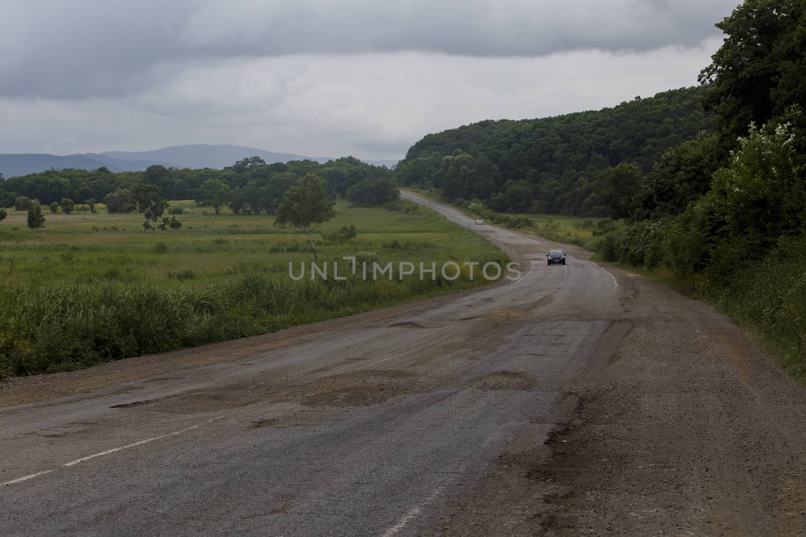 Very bad road in Russia. The asphalt road is all in holes in the middle of the forest