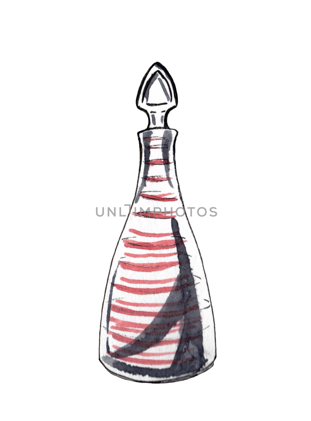 Decorative bottle isolated on white background. Retro glass. Watercolor hand-drawn illustration by sshisshka