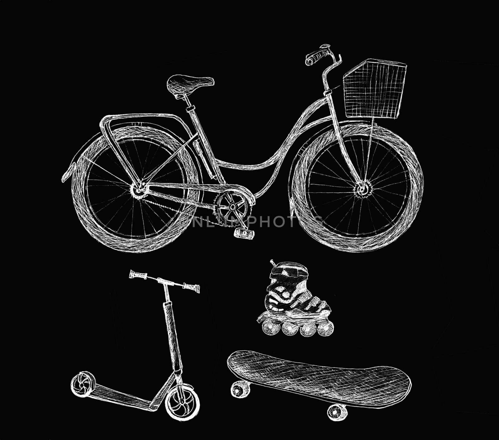Set of sport transport objects: bicycle, scooter, roller and skateboard. Sketch isolated on black background. Hand-drawn illustration. by sshisshka
