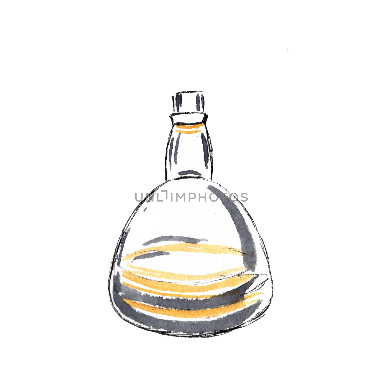Decorative bottle isolated on white background. Retro glass. Watercolor hand-drawn illustration