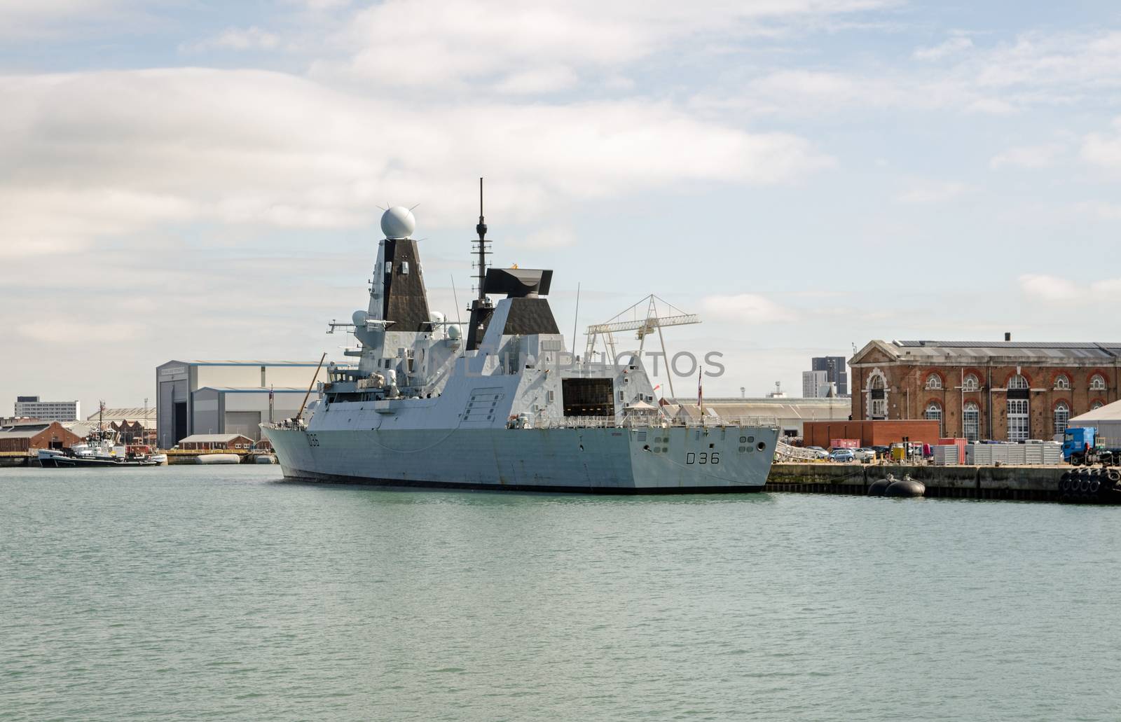 Portsmouth, UK - September 8, 2020: the Royal Navy destroyer HMS Defender, D36, moored at Portsmouth Harbour, Hampshire on a sunny summer day.