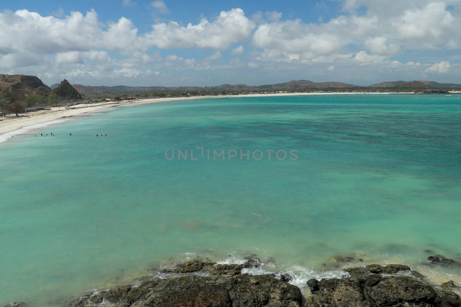 Panorama shot of Tanjung Aan Beach in Lombok, West Nusa Tenggara. Top tourist destination in Indonesia.