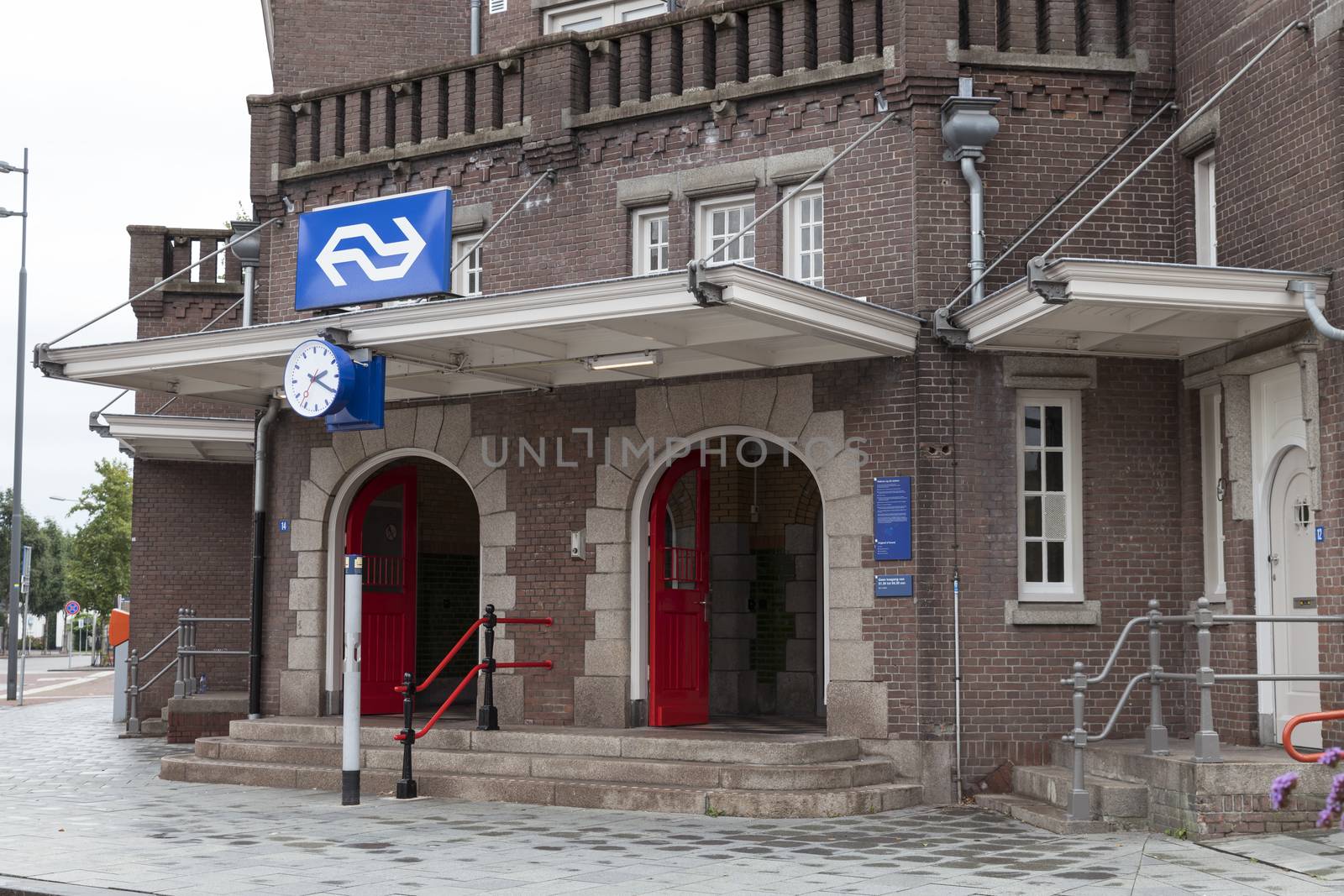 Weert,Holland,03-sept-2020:the entrance to the building of the train station in weert, it is build by George Willem van Heukelom in 1879