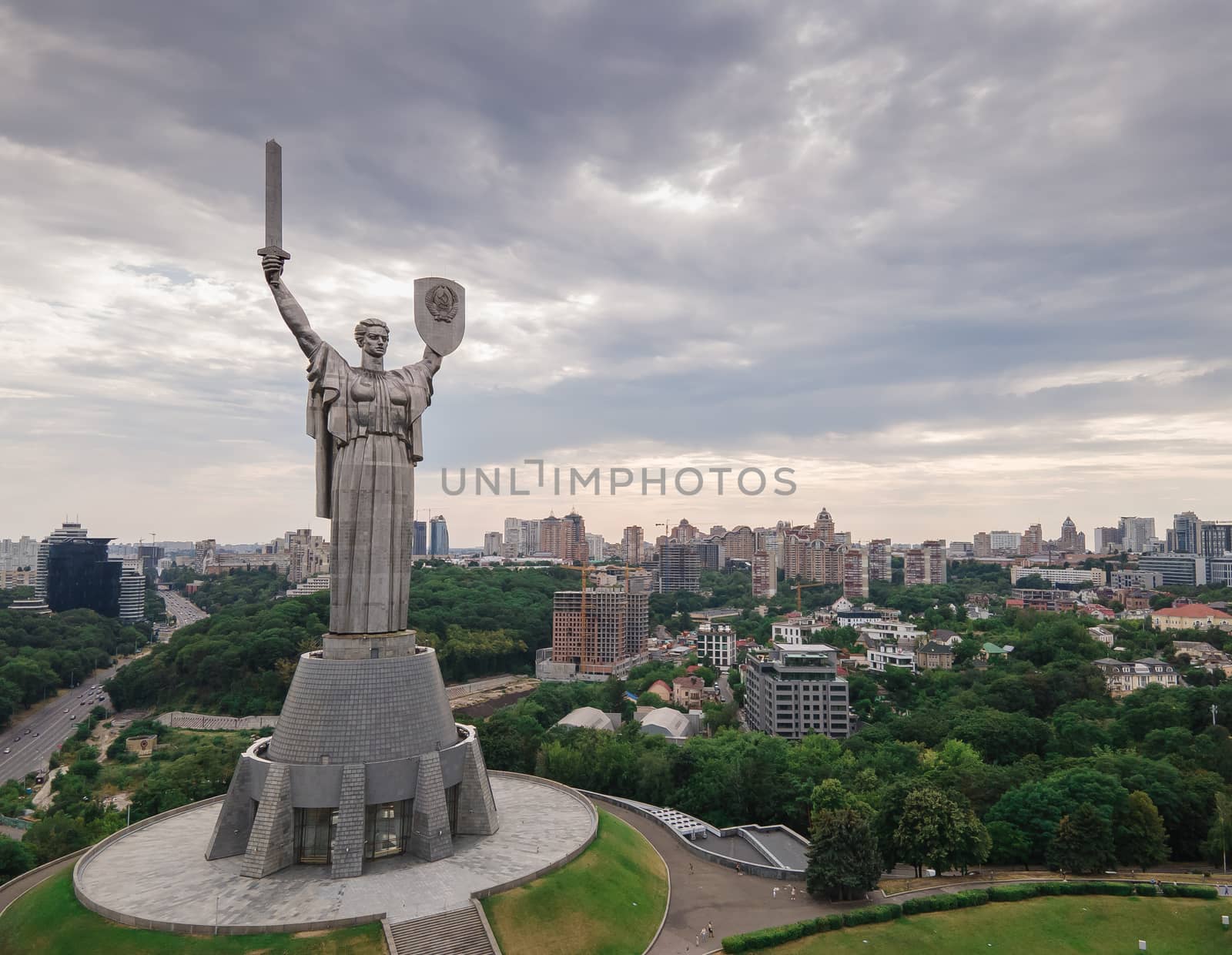Motherland Monument in Kyiv, Ukraine. Aerial view by Mykola_Kondrashev