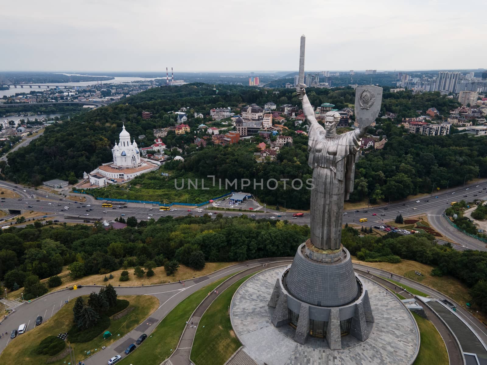 Aerial view of the Motherland Monument in Kyiv, Ukraine by Mykola_Kondrashev