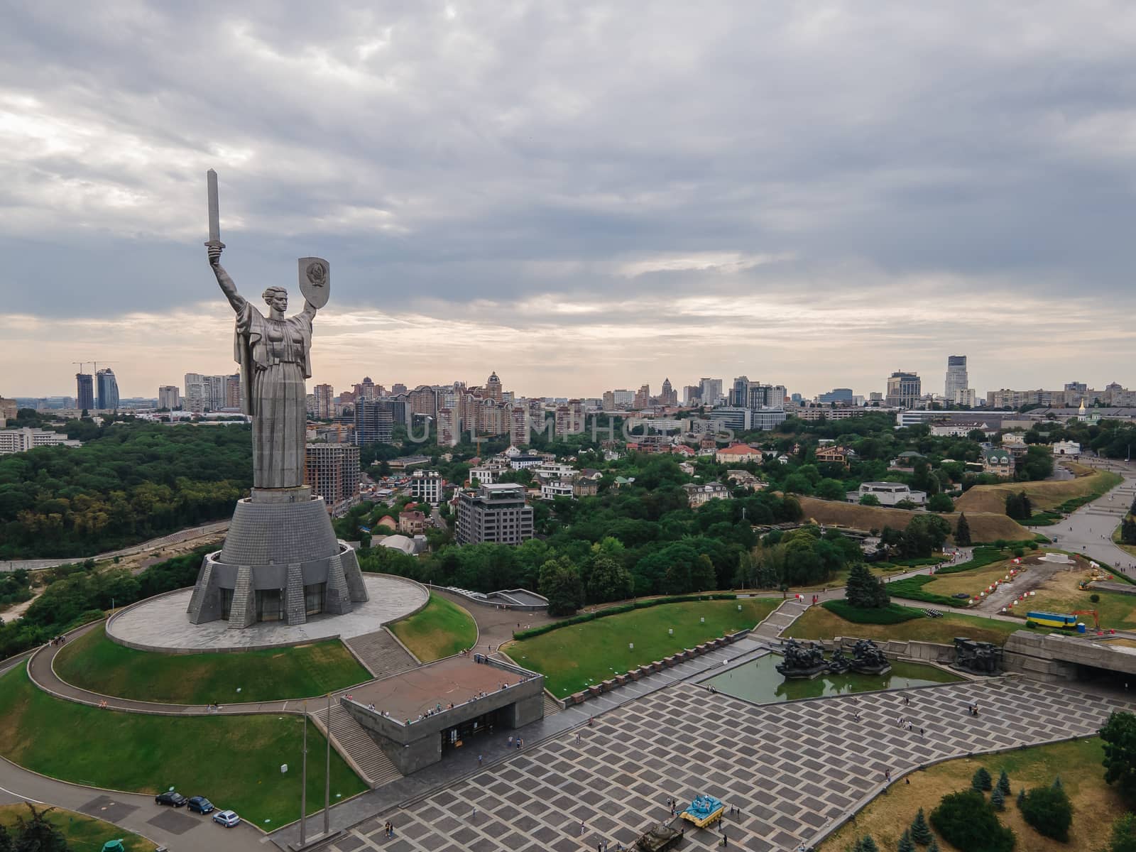 Aerial view of the Motherland Monument in Kyiv, Ukraine by Mykola_Kondrashev